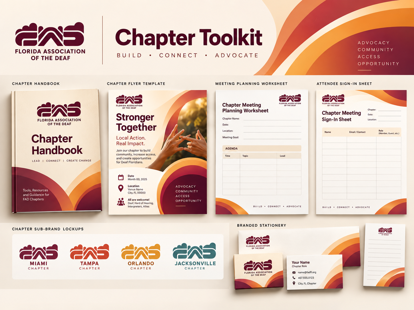 Chapter toolkit templates in the Sunrise direction: flyers, posters, banners and badges.