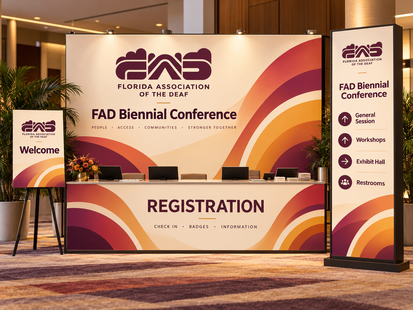 A conference registration desk, banner wall and sign in the Sunrise direction, with sweeping warm color bands.