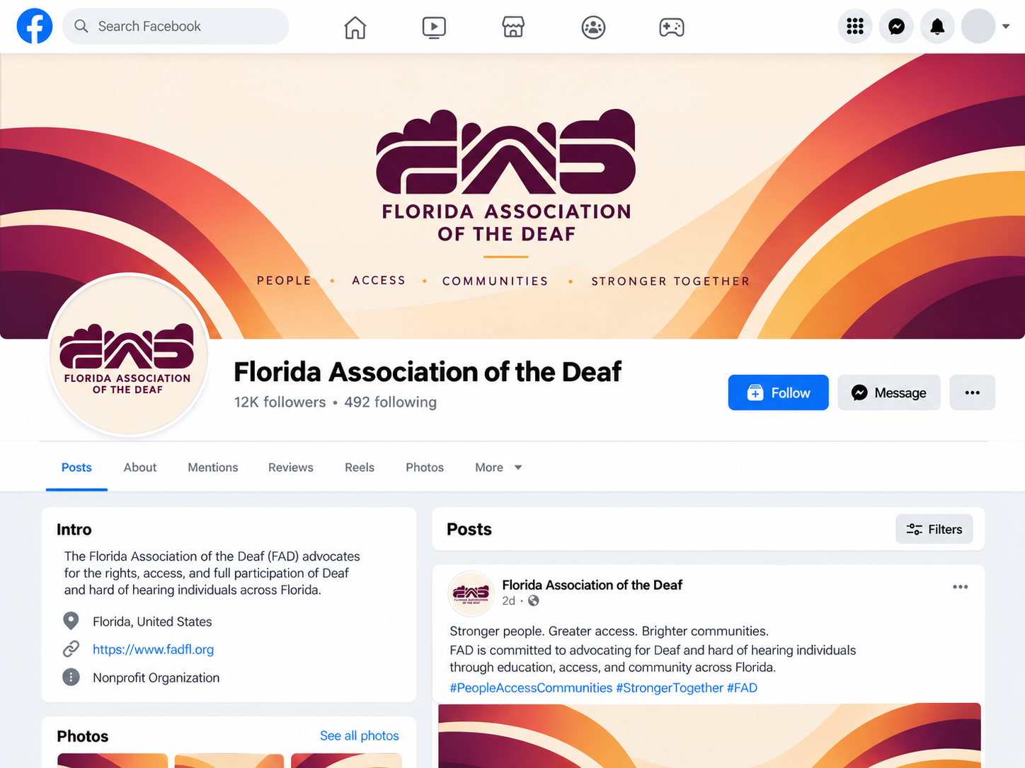 The FAD Facebook page in the Sunrise direction, with a pink arch cover.
