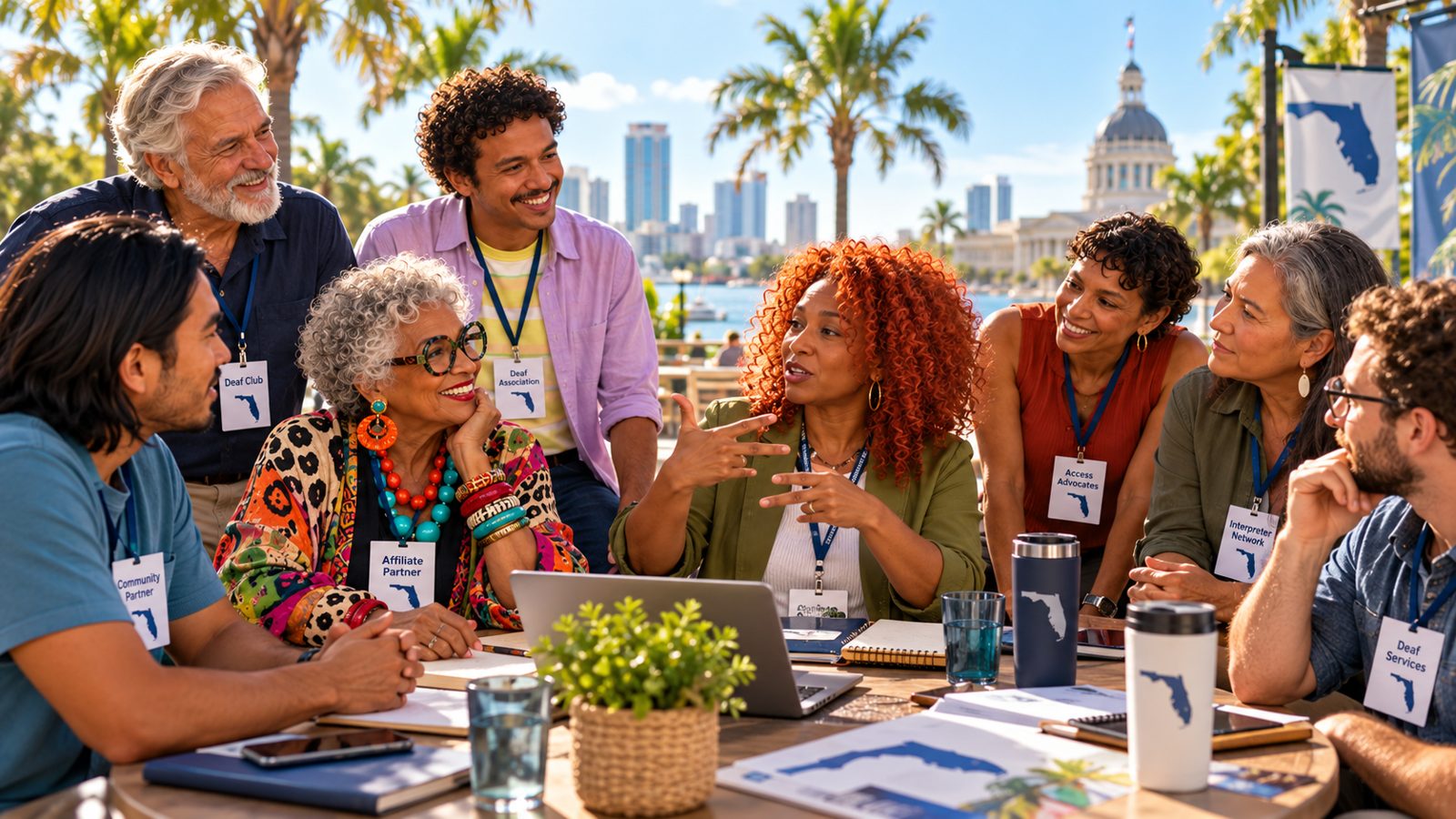 Eight people wearing name badges talk around an outdoor table with laptops and notebooks while a woman in a green jacket gestures.