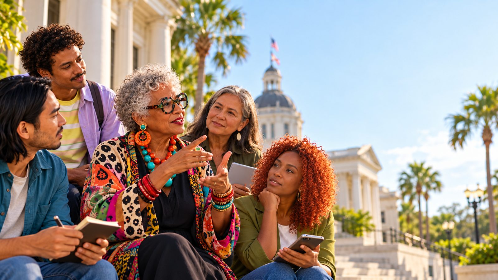Five people sit on steps in front of a domed capitol building with notebooks and phones while an older woman gestures with both hands.