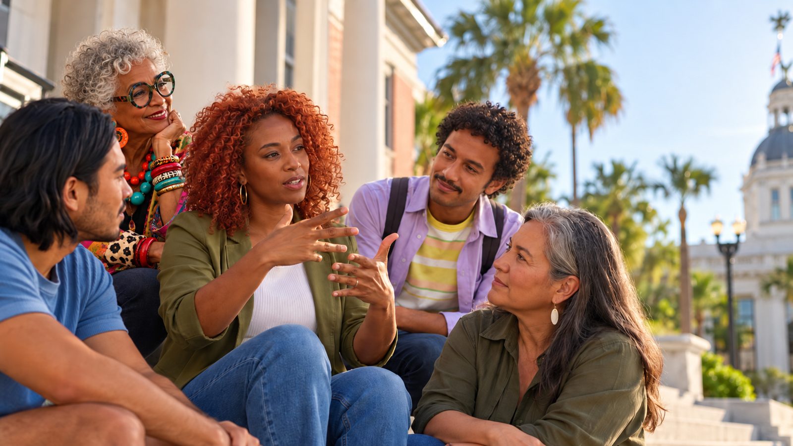 Five people sit close on capitol steps and talk, a woman with red curls gesturing with both hands.