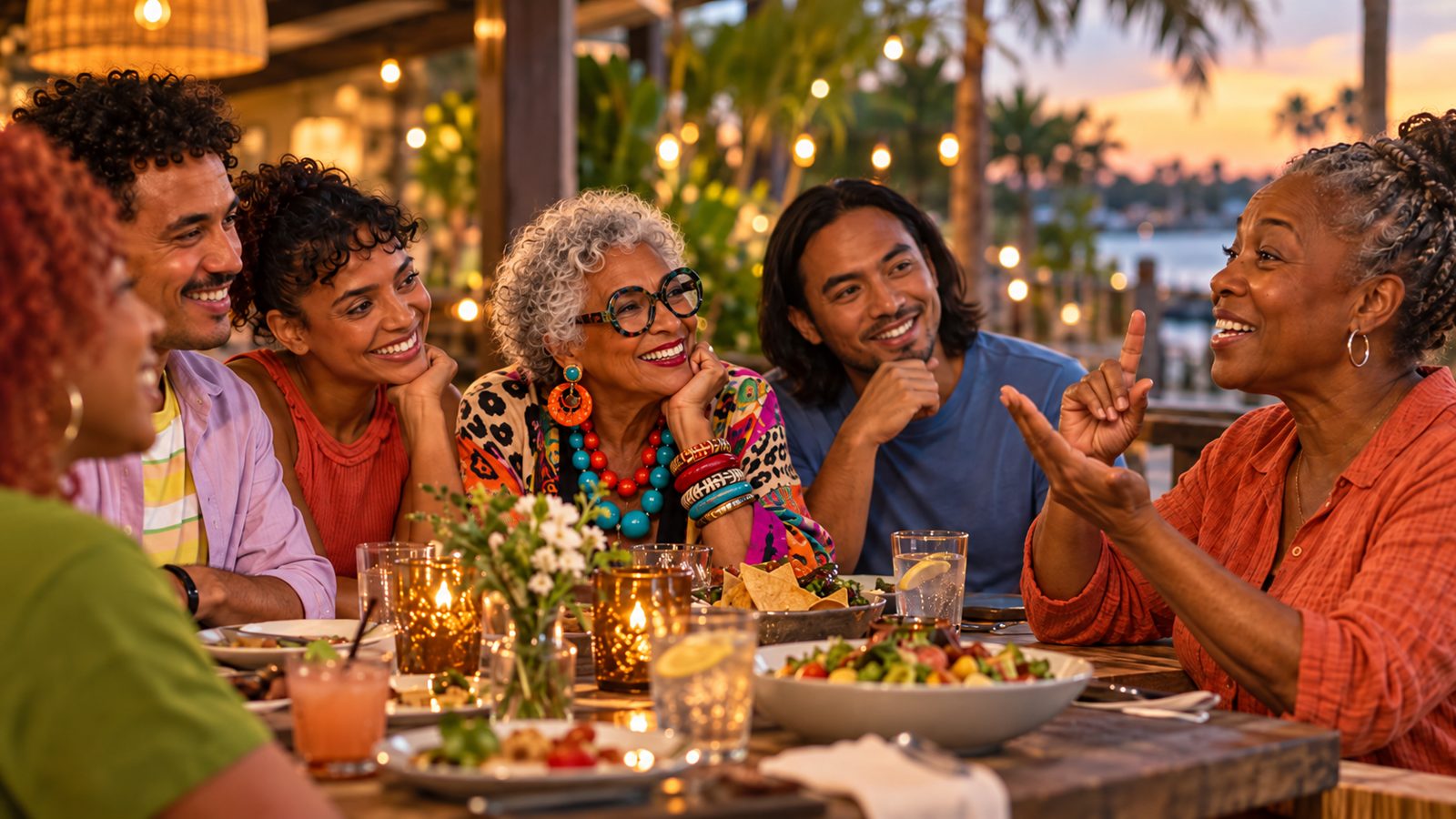 People share dinner at a long table under string lights at dusk while an older woman on the right talks with raised hands.