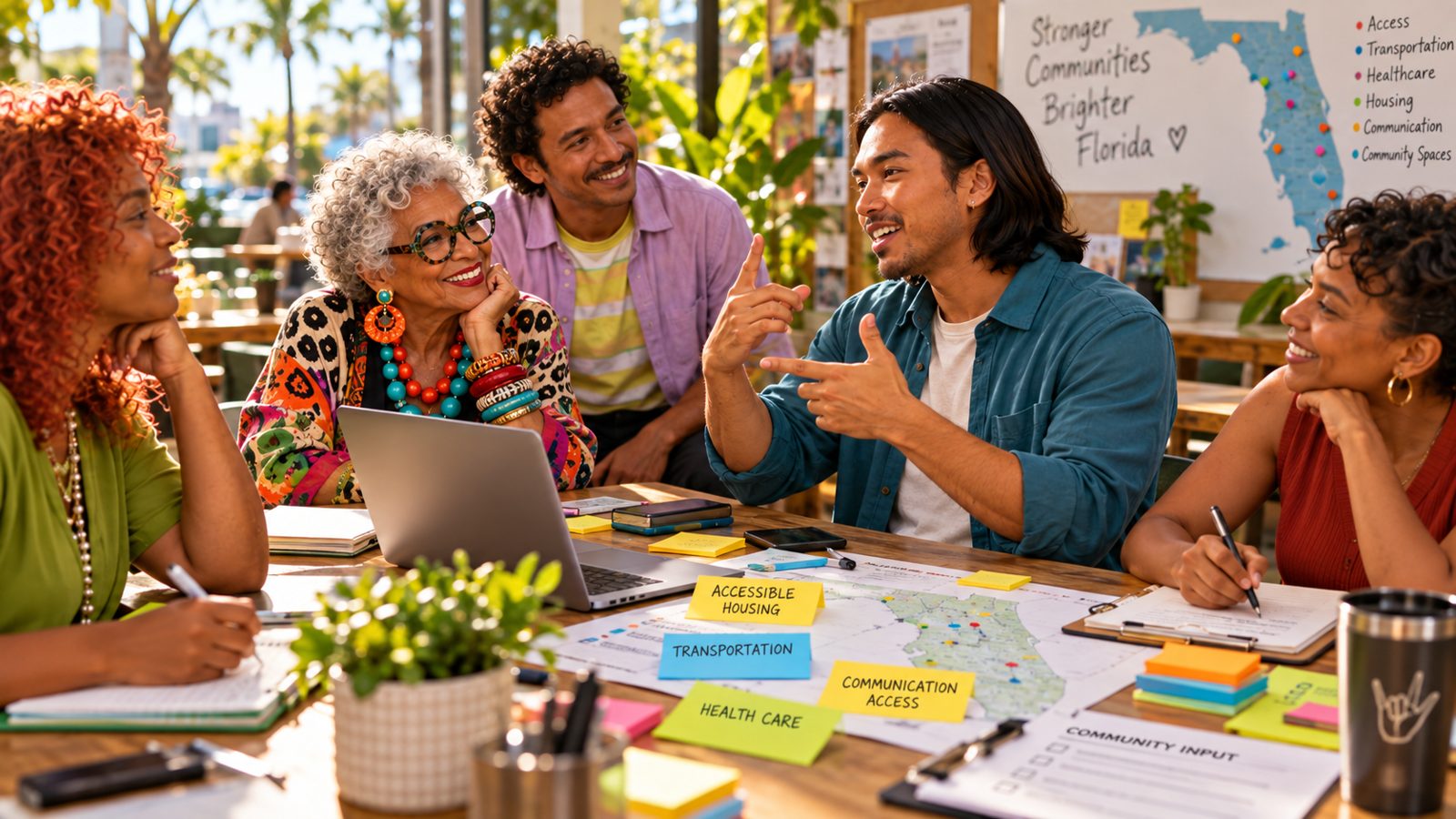 Five people work around a table covered in a map and sticky notes reading accessible housing, transportation, communication access and health care while a man gestures.
