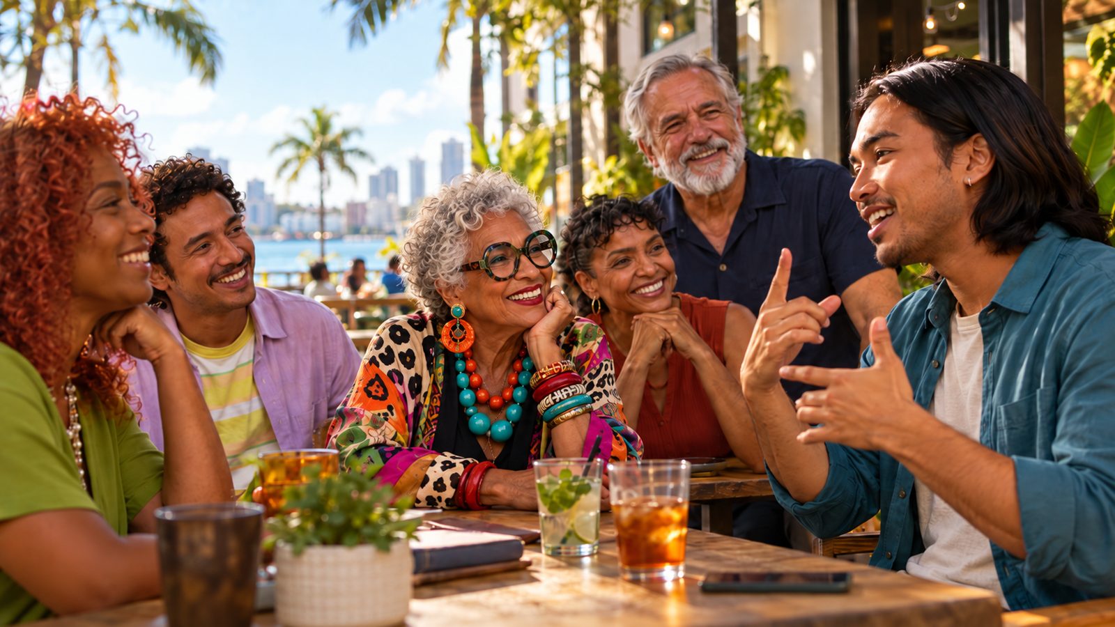 Six people crowd around a patio table with iced drinks, smiling as a man on the right talks with his hands.