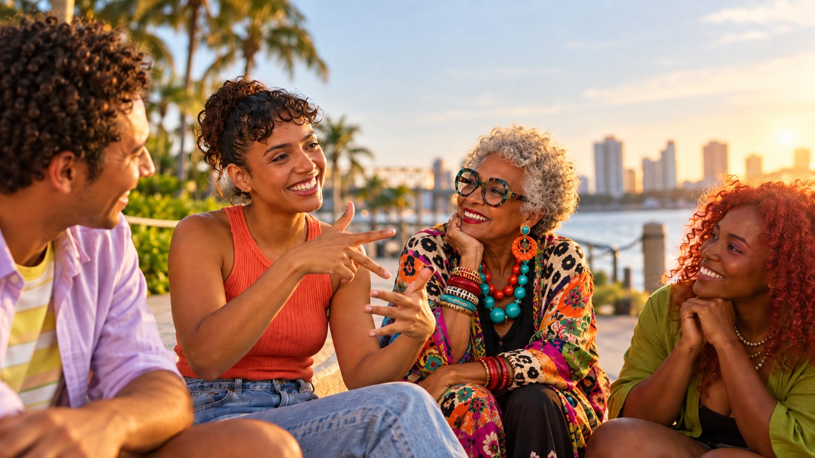 Four friends sit on a waterfront walkway at sunset, smiling as a woman shapes her hands mid-conversation.