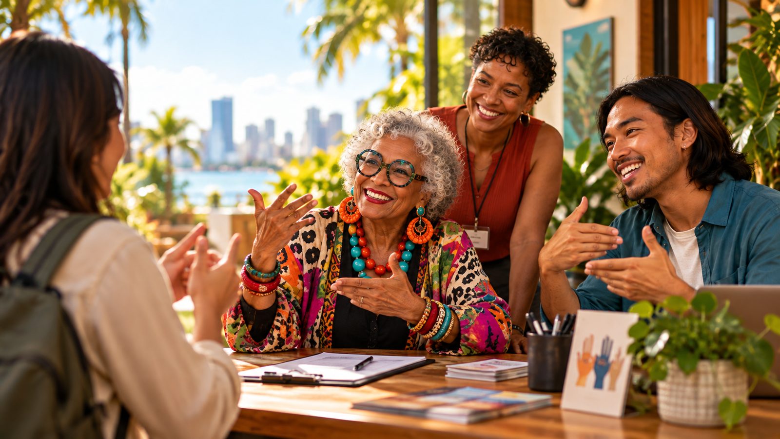 An older woman at a community desk laughs and raises her hands as three people look on, with a volunteer in a lanyard behind her.